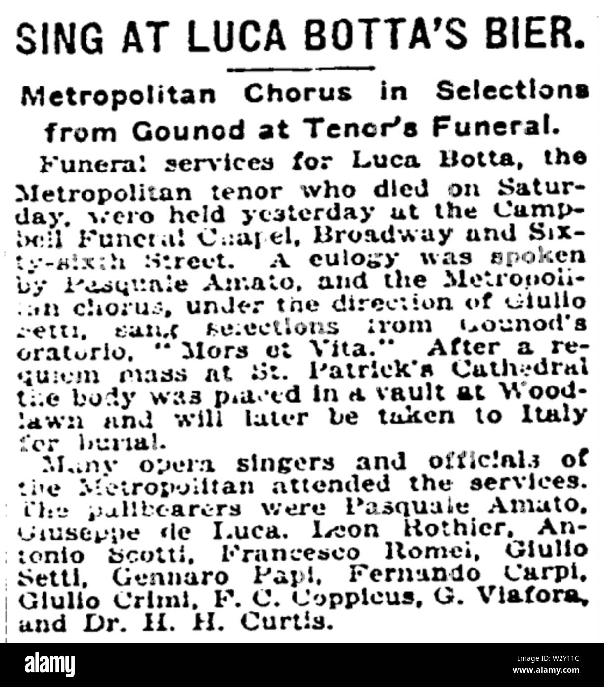 Luca Botta funerali nel New York Times del 4 ottobre, 1917 Foto Stock