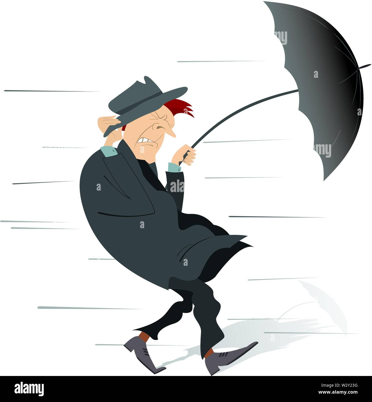 Giorno ventoso e uomo con ombrello isolato. L'uomo cerca di tenere un  ombrello e un cappello andato con il vento Immagine e Vettoriale - Alamy
