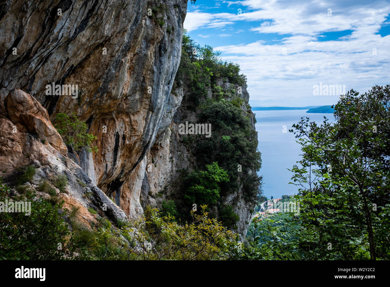 Area di arrampicata Medveja, Lovran Croazia, pareti di arrampicata Foto Stock