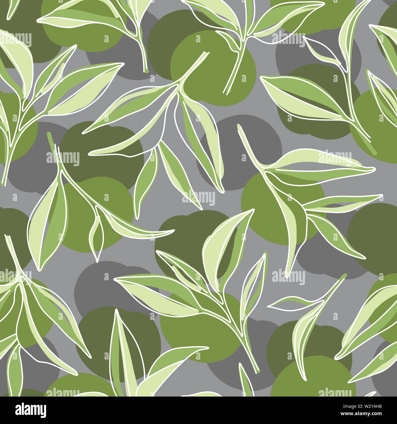 Foglie di tè verde. Matcha grafica semplice Seamless Pattern su sfondo grigio Illustrazione Vettoriale