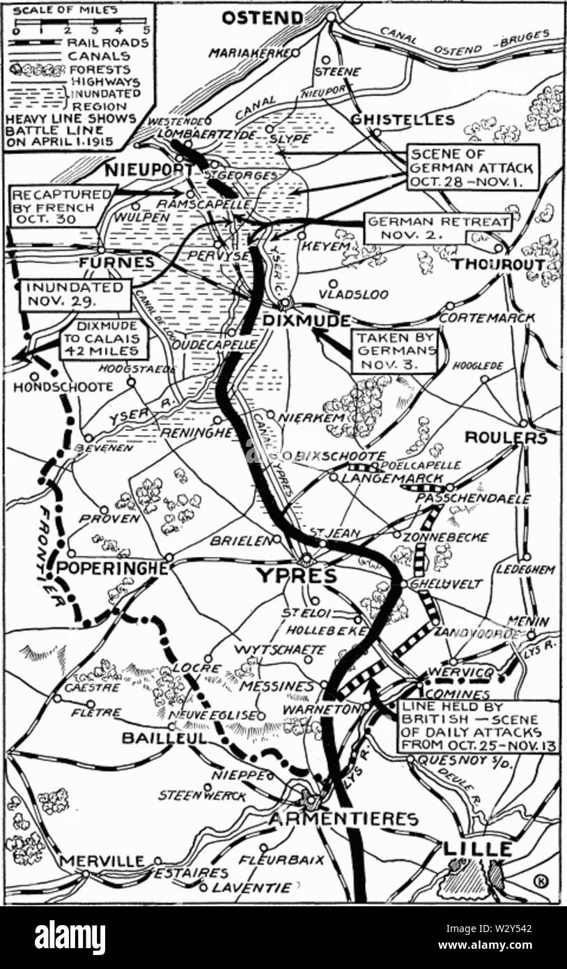 Mappa prima battaglia di Ypres 1914 NYT Maggio 1915 Foto Stock