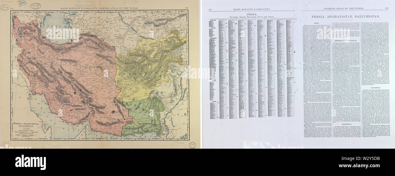 Chicago-basato Rand McNally divenne un importante editore di atlanti, mappe, globi, e guide di viaggi negli Stati Uniti nella seconda metà del XIX secolo. Questa mappa di Persia (come l'Iran era noto fino a 1935), in Afghanistan, e Baluchistan è dal 1898 edizione del Rand McNally & Cos. indicizzati Atlante del mondo, contenenti grandi mappe in scala di ogni paese e divisione civile sulla faccia del globo, insieme con storici, statistici e descrittivi questione rispetto a ciascuna. L'atlante contiene due volumi, uno con mappe degli Stati Uniti e le altre con mappe di paesi stranieri. Questo Foto Stock