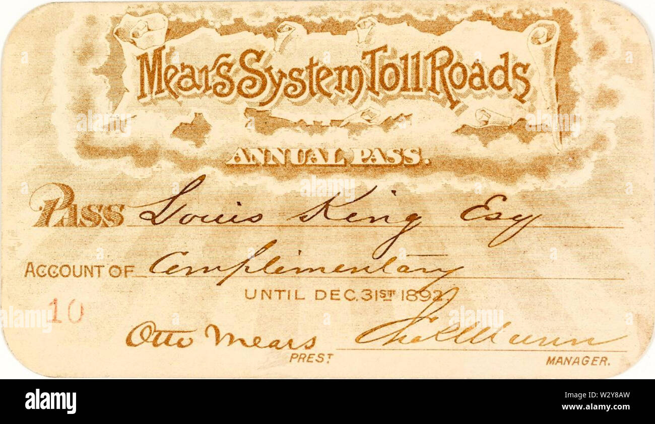No. 10, rilasciato a Luigi Re per cavallo di viaggio o di veicoli leggeri solo nell'anno 1892. Firme di Otto Mears come presidente e direttore generale. Dato lo schema di colori del pass, è difficile dire se questi vengono stampati o live. Il Mears firma probabilmente non è live. Ombreggiatura marrone e logo ornati. Otto Mears costruito a centinaia di chilometri di strade a pedaggio in San Juan Mountains in Colorado di inizio della storia. La sua capacità di costruire strade in un terreno difficile gli ha dato il soprannome di Pathfinder del San Juans. Foto Stock No. 10, rilasciato a Luigi Re per cavallo di viaggio o di veicoli leggeri solo nell'anno 1892. Firme di Otto Mears come presidente e direttore generale. Dato lo schema di colori del pass, è difficile dire se questi vengono stampati o live. Il Mears firma probabilmente non è live. Ombreggiatura marrone e logo ornati. Otto Mears costruito a centinaia di chilometri di strade a pedaggio in San Juan Mountains in Colorado di inizio della storia. La sua capacità di costruire strade in un terreno difficile gli ha dato il soprannome di Pathfinder del San Juans. Foto Stock