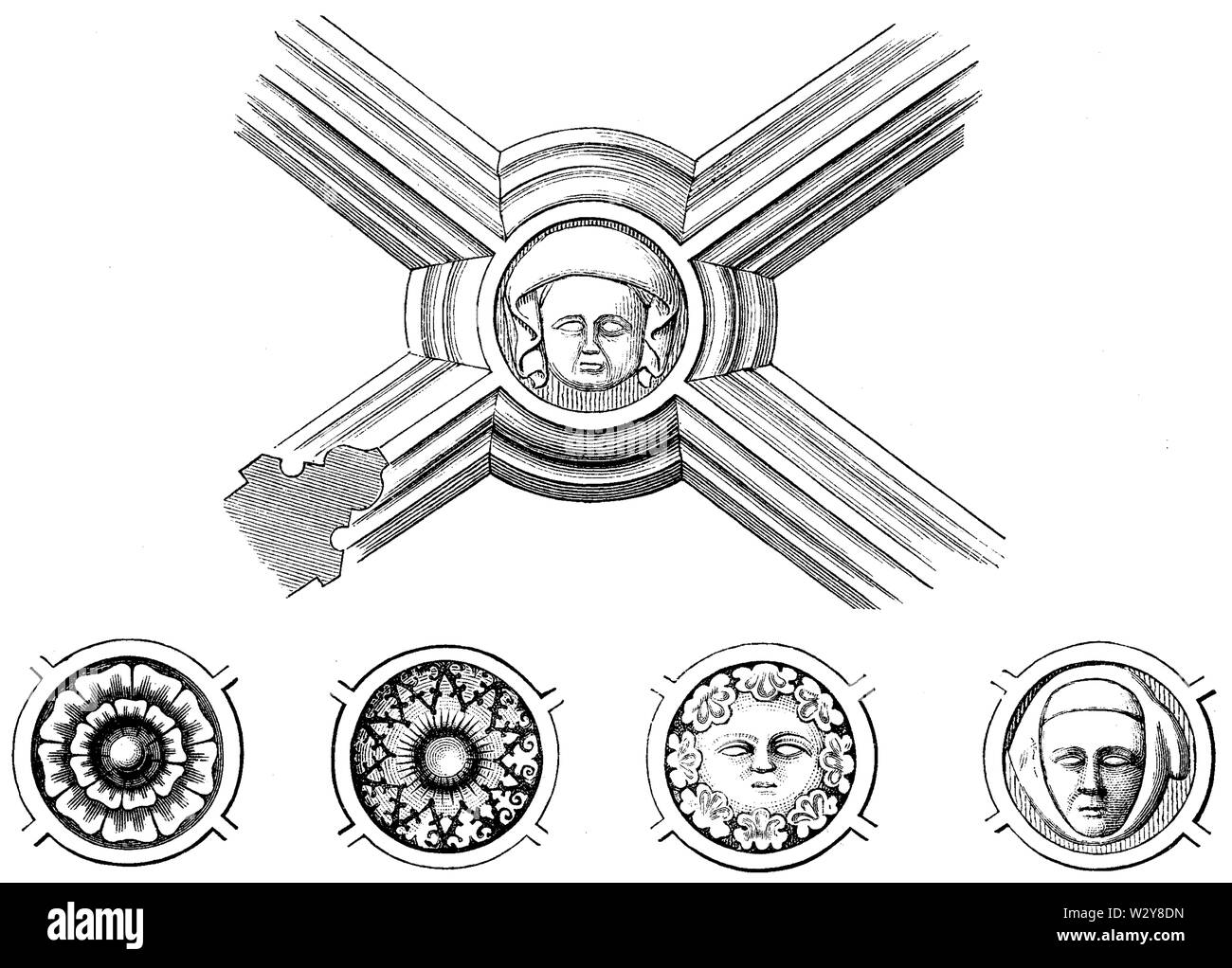 Medeltida slutstenar ho Skara domkyrkas sidoskepp. Foto Stock