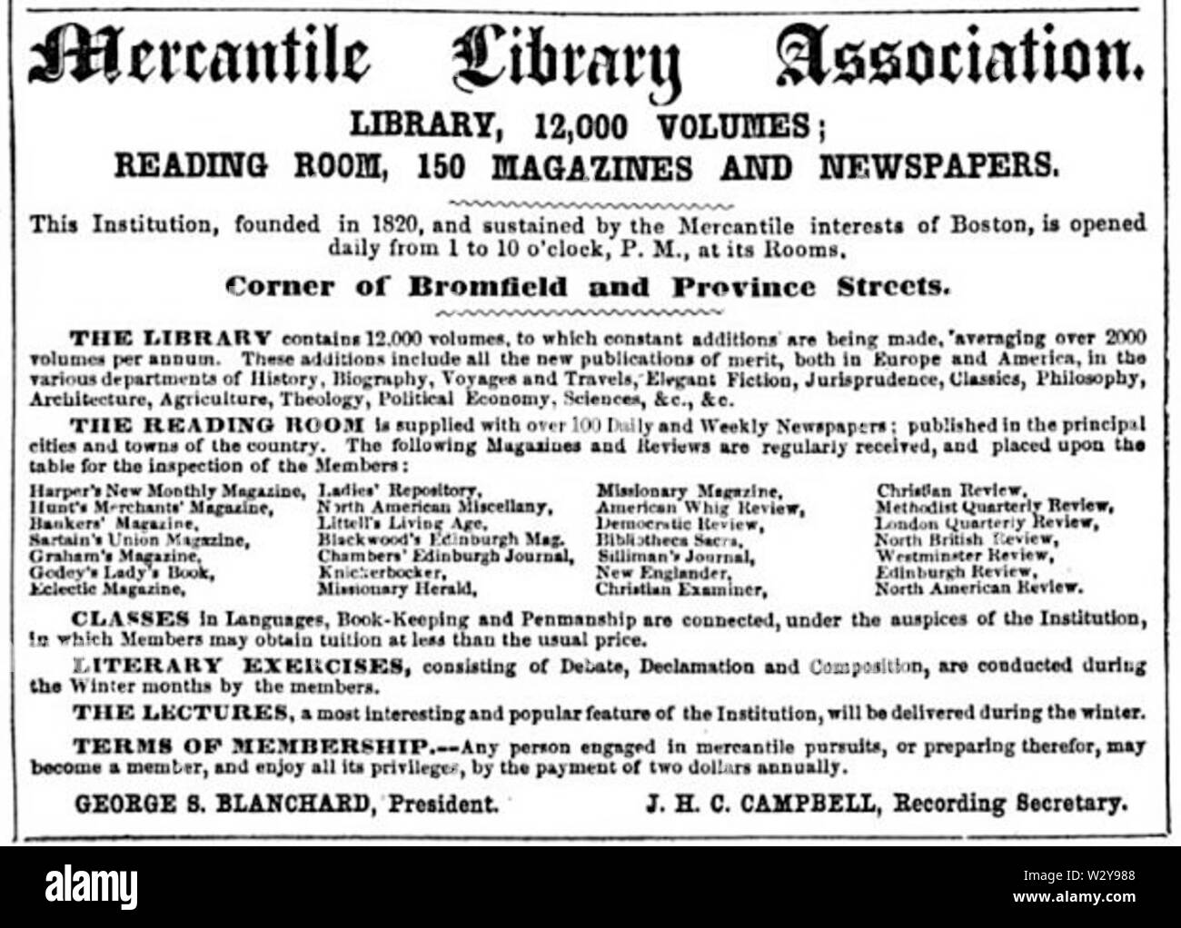 MercantileLibrary BromfieldSt BostonDirectory 1852 Foto Stock