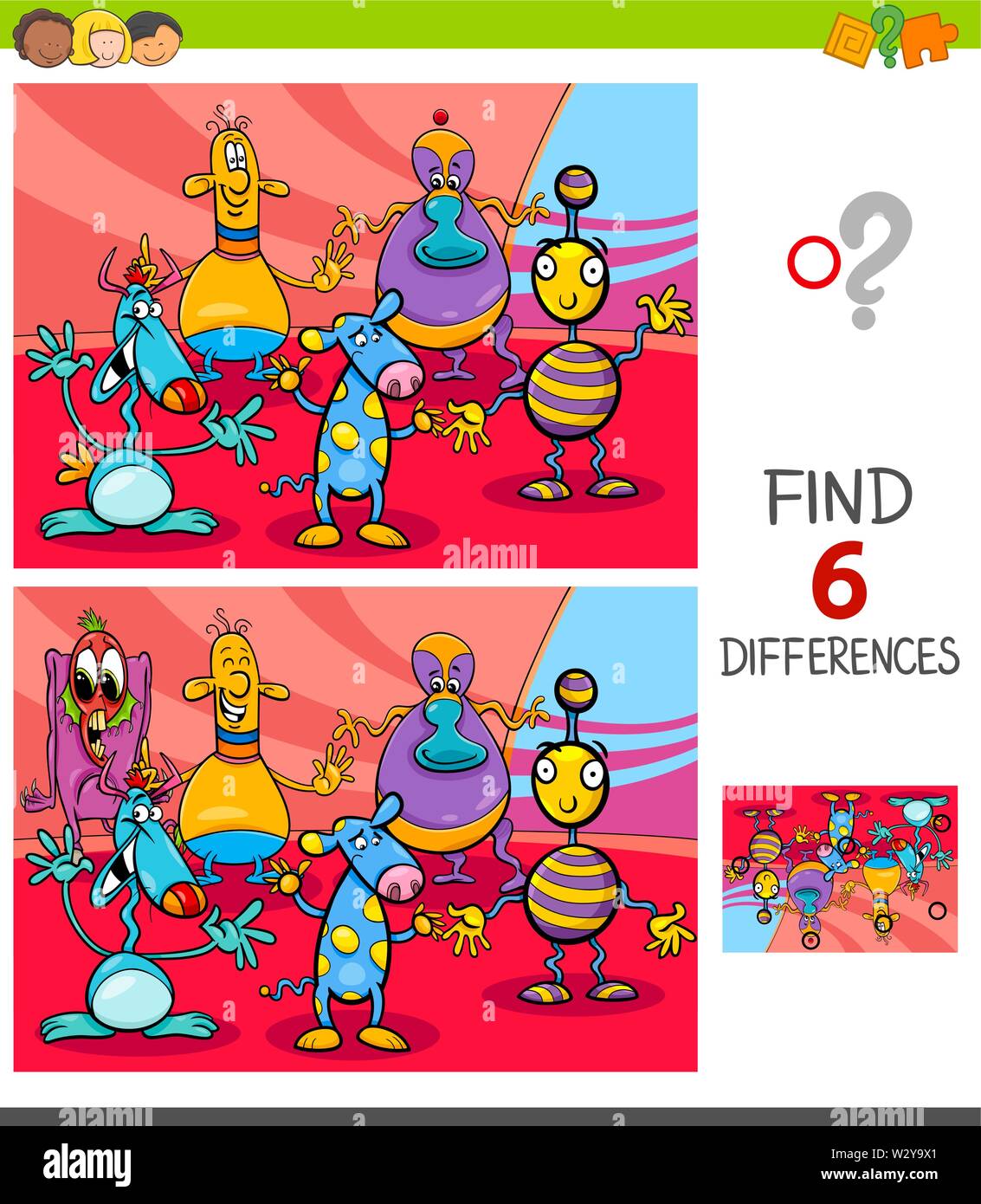 Illustrazione del fumetto di trovare 6 differenze tra le immagini del gioco educativo per bambini con felice fantasia creature Illustrazione Vettoriale