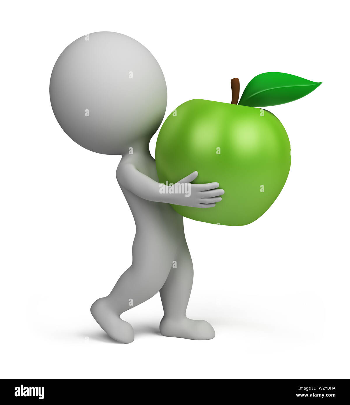 3d piccola persona che porta una mela verde. Immagine 3d. Isolato sullo sfondo bianco. Foto Stock