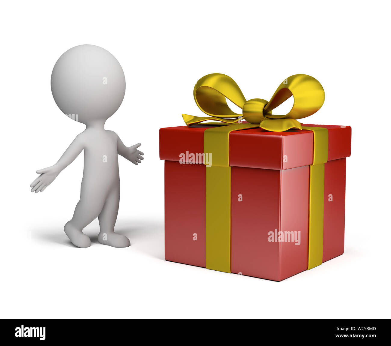 Sorpreso 3d persona in una posa accanto ad un grande dono. Immagine 3d. Isolato sullo sfondo bianco. Foto Stock