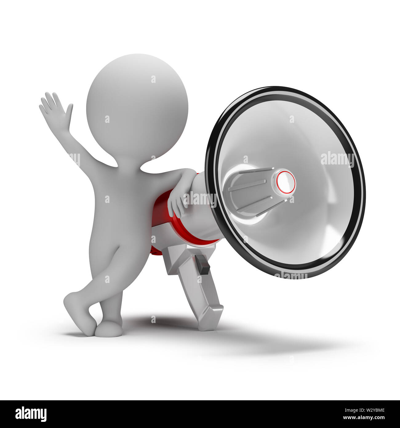 3d piccola persona accanto a un grande megafono. Immagine 3d. Sfondo bianco. Foto Stock