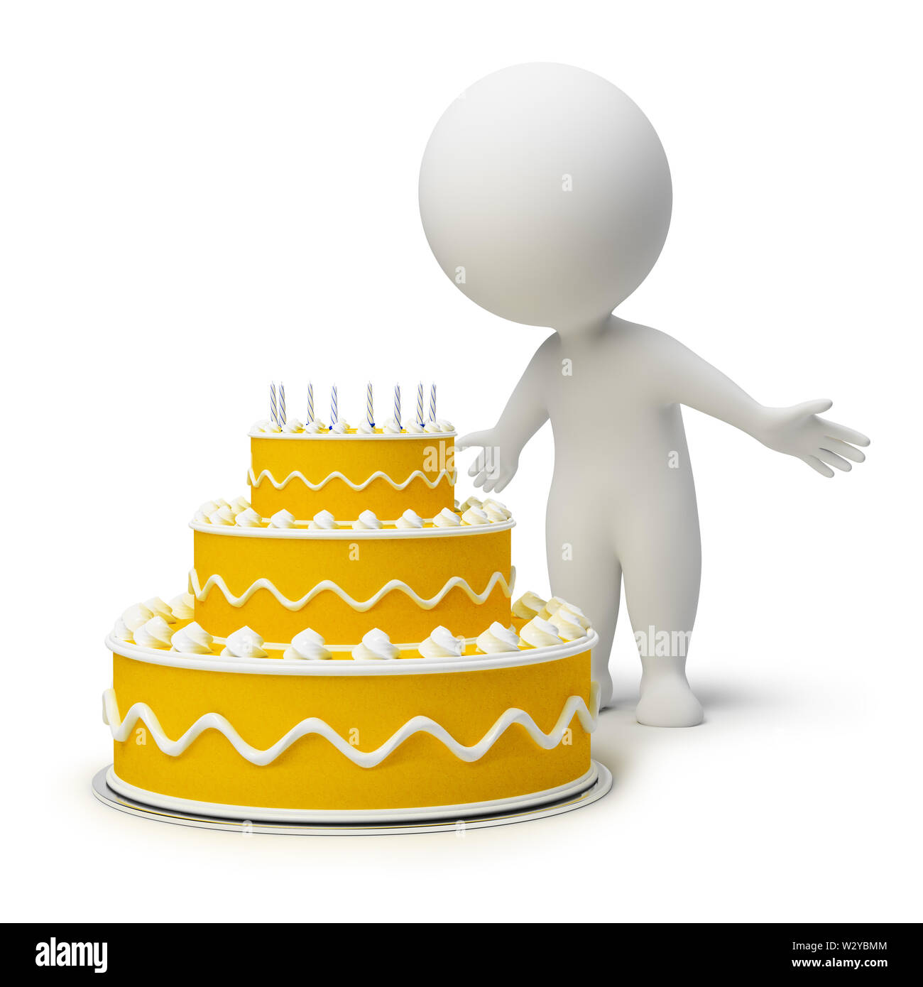 3d piccolo popolo ed una torta di compleanno. Immagine 3d. Isolato sullo sfondo bianco. Foto Stock