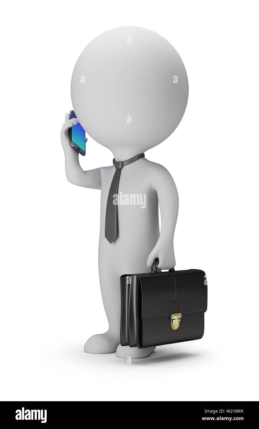 3d piccolo popolo - imprenditore con telefono. Immagine 3d. Sfondo bianco. Foto Stock