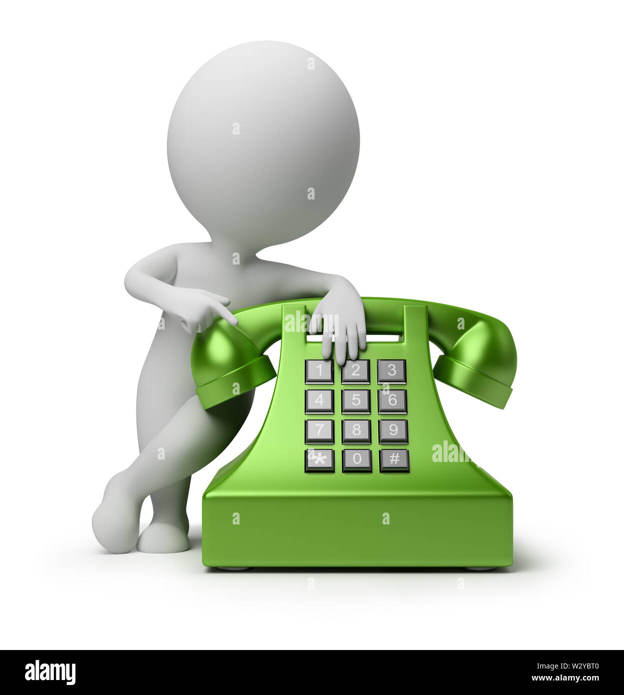 3d piccola persona specificando in telefono verde. Immagine 3d. Isolato sullo sfondo bianco. Foto Stock