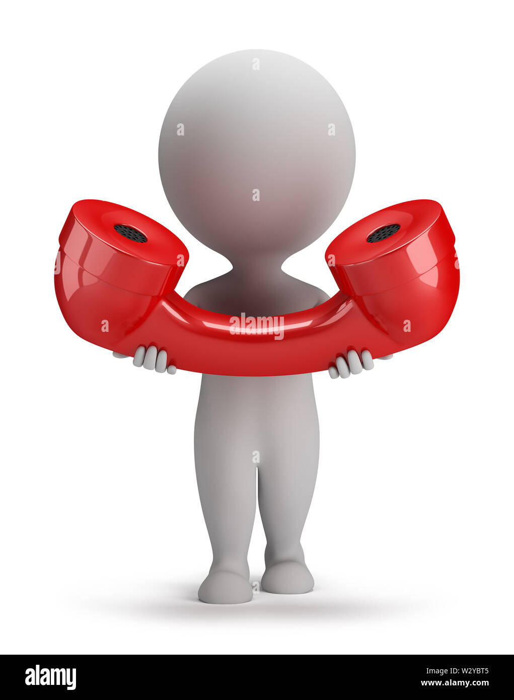 3d persona di piccole dimensioni con un grande telefono rosso il ricevitore in mano. Immagine 3d. Sfondo bianco. Foto Stock