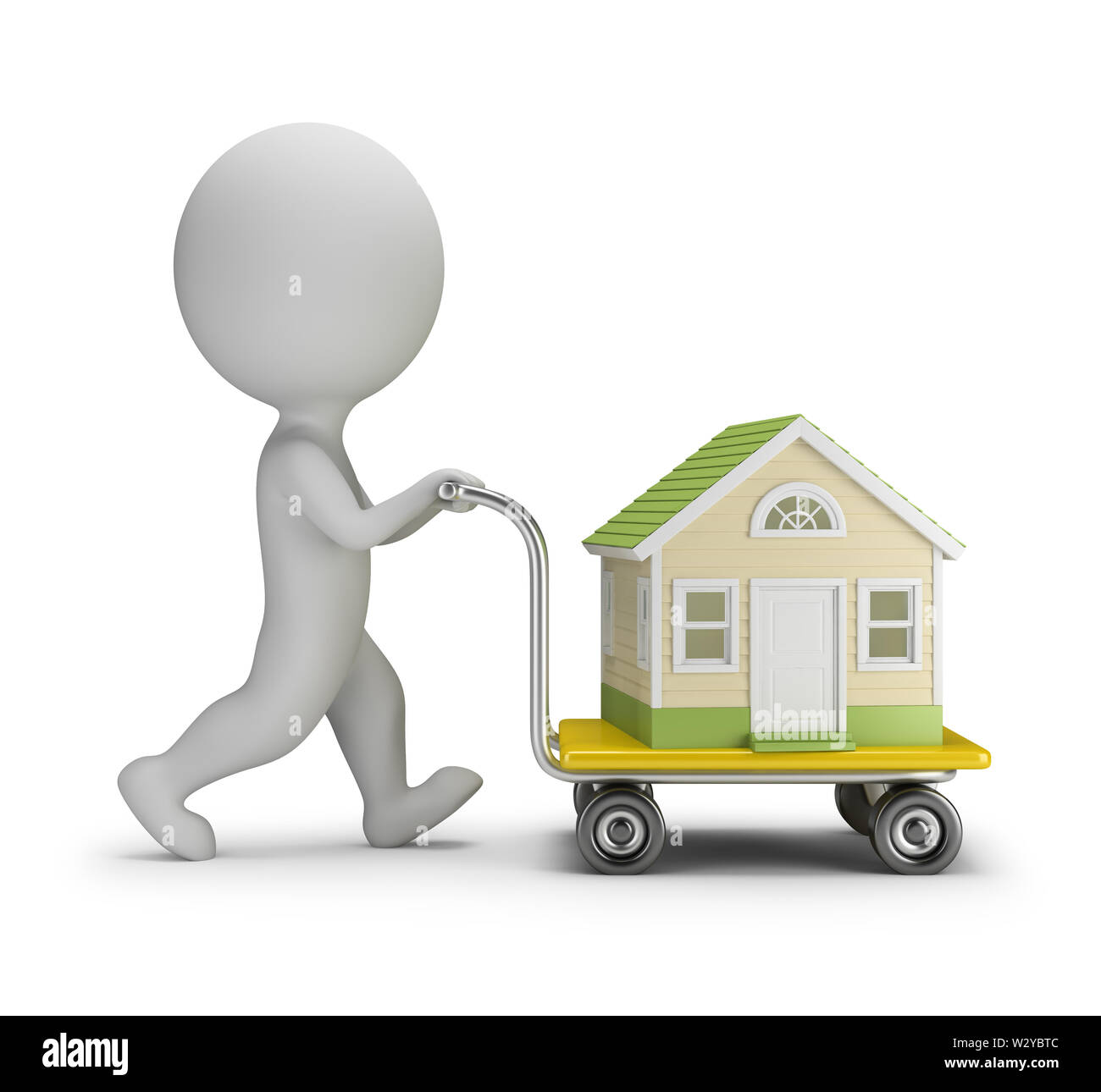 3d piccolo uomo porta a casa un trolley. Immagine 3d. Sfondo bianco. Foto Stock