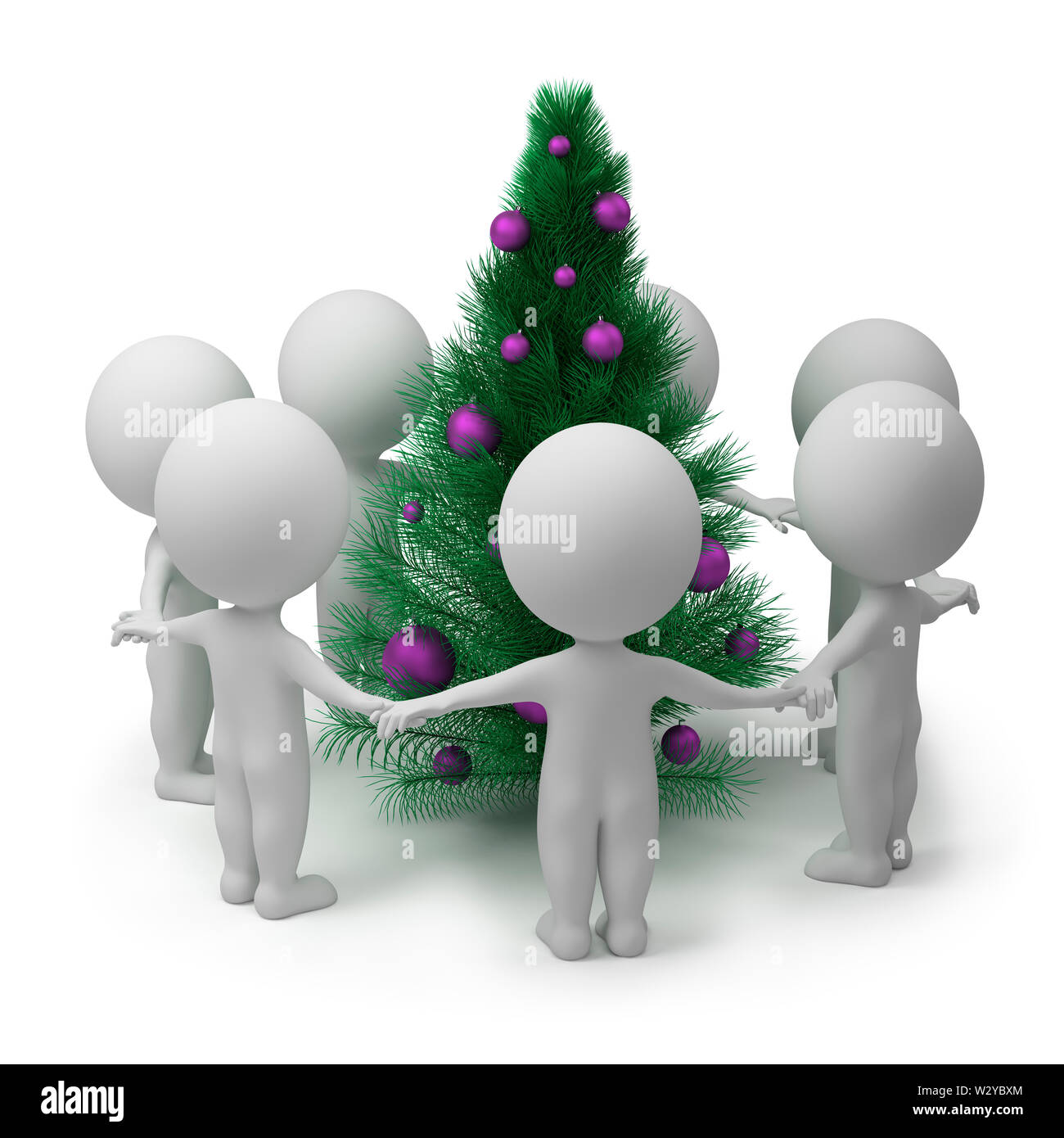 3d piccolo popolo ballare intorno a un nuovo anno di pelliccia-tree. Immagine 3d. Isolato sullo sfondo bianco. Foto Stock