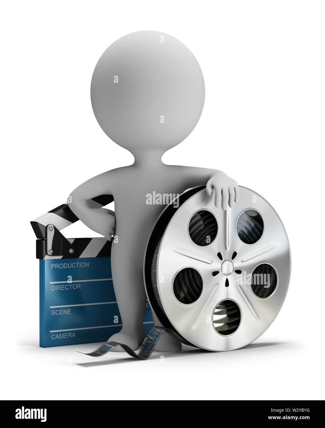 3d piccola persona in piedi accanto al cinema battaglio e nastro a pellicola immagine 3d. Sfondo bianco. Foto Stock