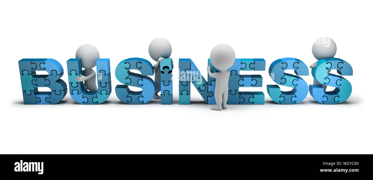 3d piccolo popolo raccogliere il puzzle della parola business. Immagine 3d. Sfondo bianco. Foto Stock