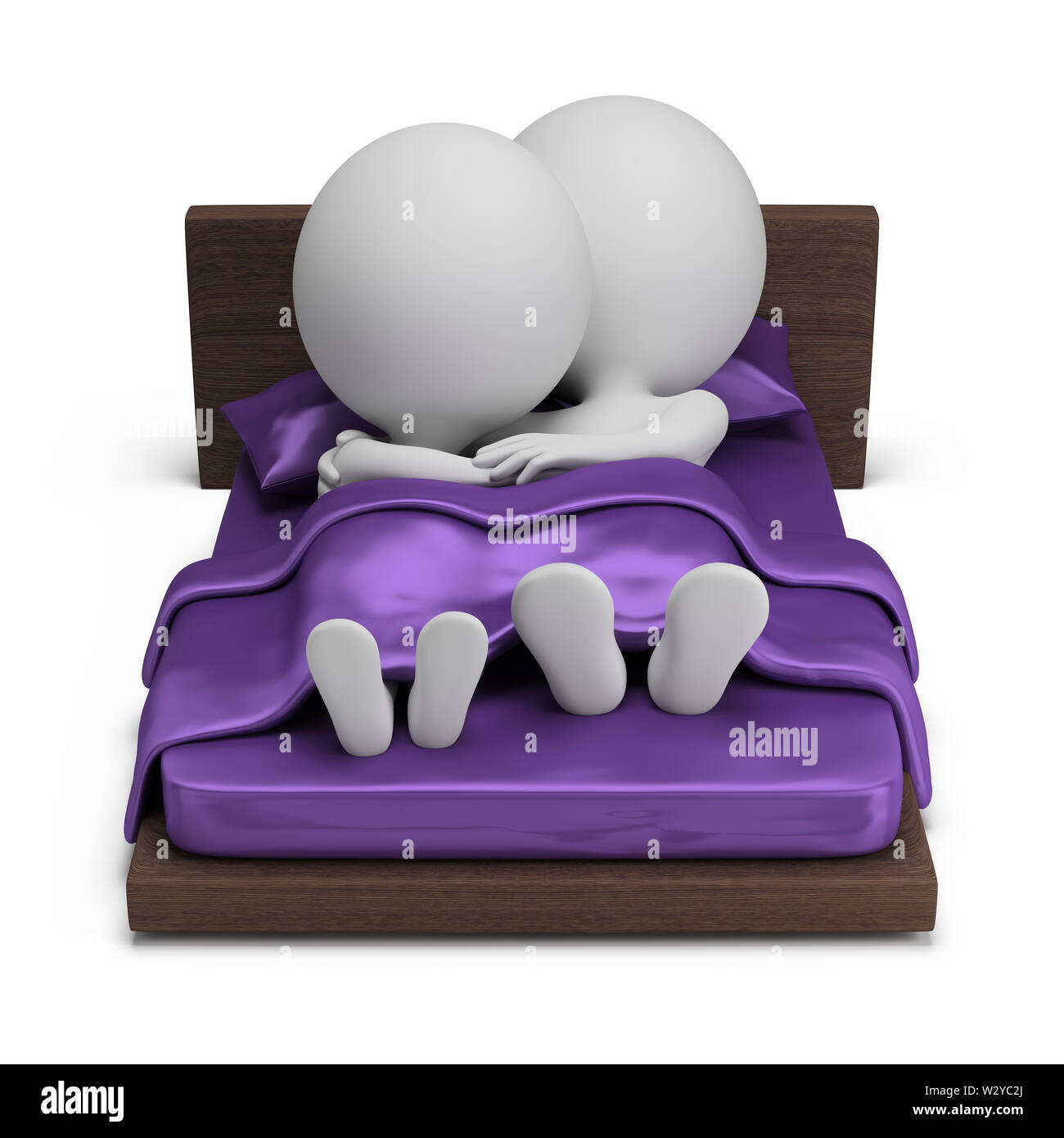 3d piccolo popolo - giovane giacente su un letto in un abbraccio sotto la seta viola trapunta. Immagine 3d. Isolato sullo sfondo bianco. Foto Stock