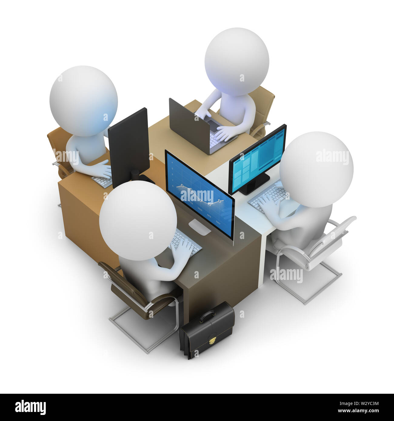 3d piccolo popolo - il team di sviluppo di quattro luoghi di lavoro. Immagine 3d. Sfondo bianco. Foto Stock