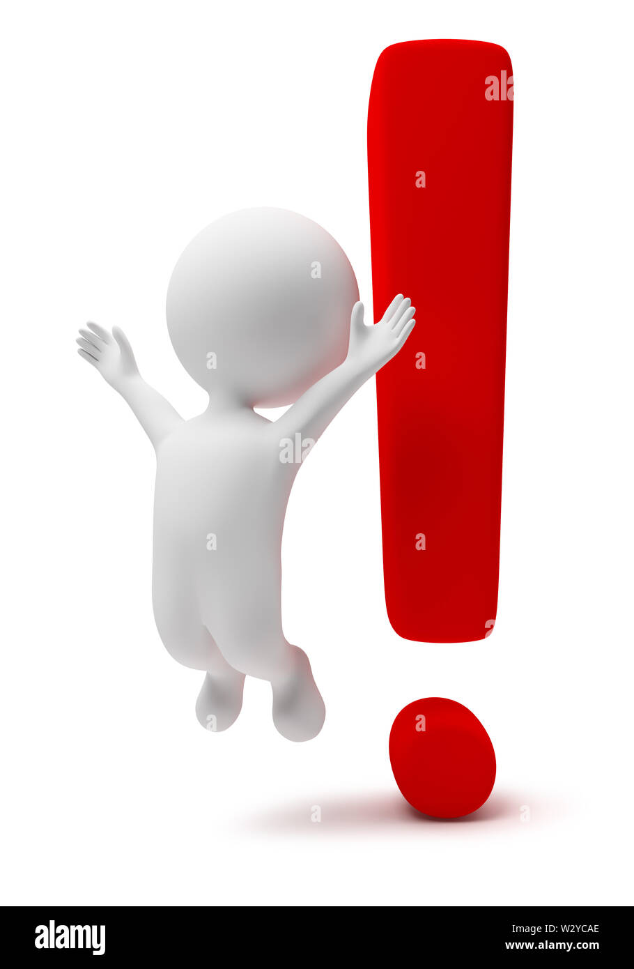 3d piccolo popolo con un punto esclamativo. Immagine 3d. Isolato sullo sfondo bianco. Foto Stock