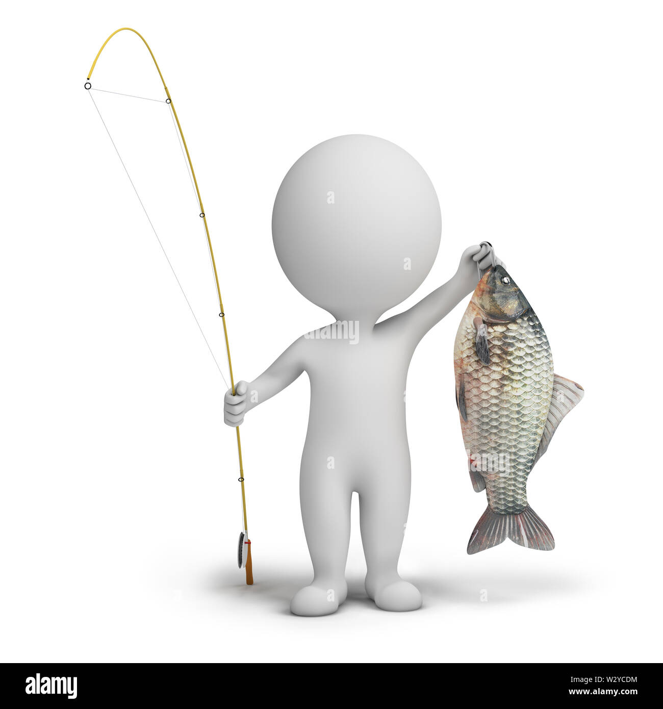 3d piccolo popolo - pescatore con una lenza e pesce. Immagine 3d. Isolato sullo sfondo bianco. Foto Stock