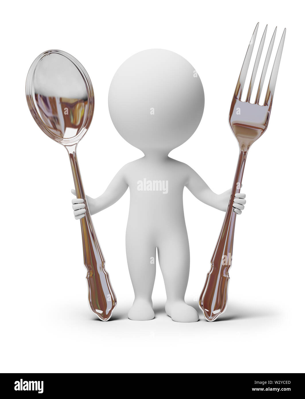 3d piccolo popolo con un cucchiaio e una forchetta. Immagine 3d. Isolato sullo sfondo bianco. Foto Stock