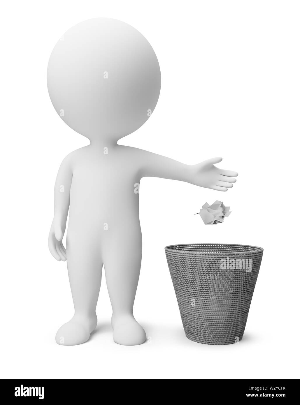 3d piccolo popolo gettando la polvere in un cestello di immondizia. Immagine 3d. Isolato sullo sfondo bianco. Foto Stock