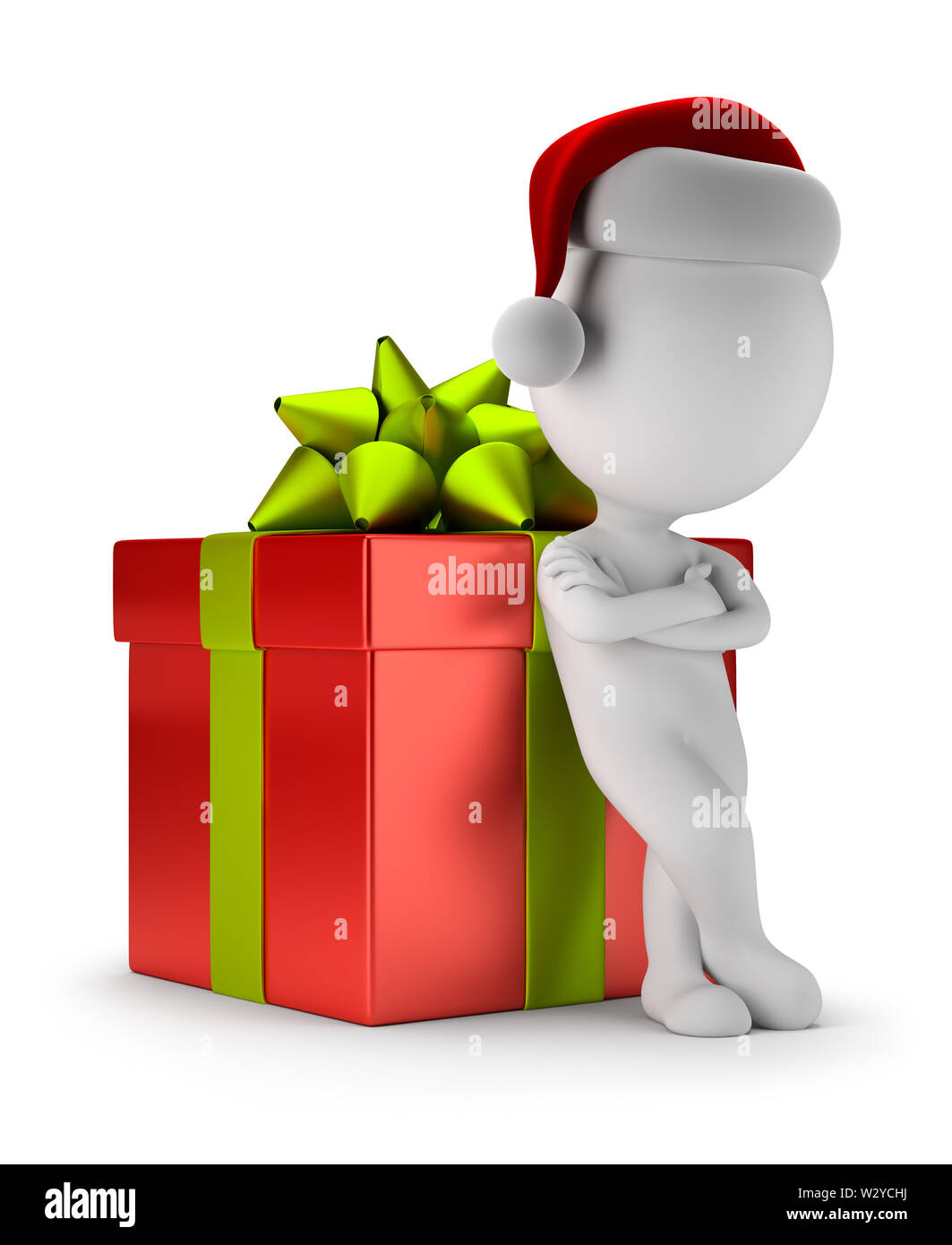 3d piccola persona - Santa in piedi accanto a una grande scatola regalo in una posa le aspettative. Immagine 3d. Sfondo bianco. Foto Stock