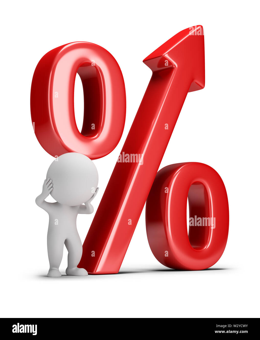 3d piccola persona afferra la testa in una grande percentuale. Immagine 3d. Sfondo bianco. Foto Stock