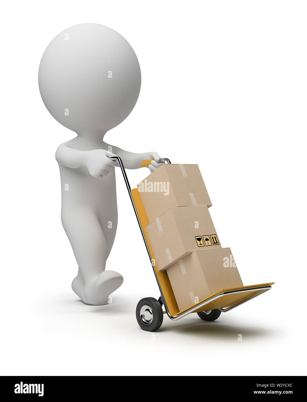 3d piccola persona che porta il carrello con le caselle. Immagine 3d. Isolato sullo sfondo bianco. Foto Stock