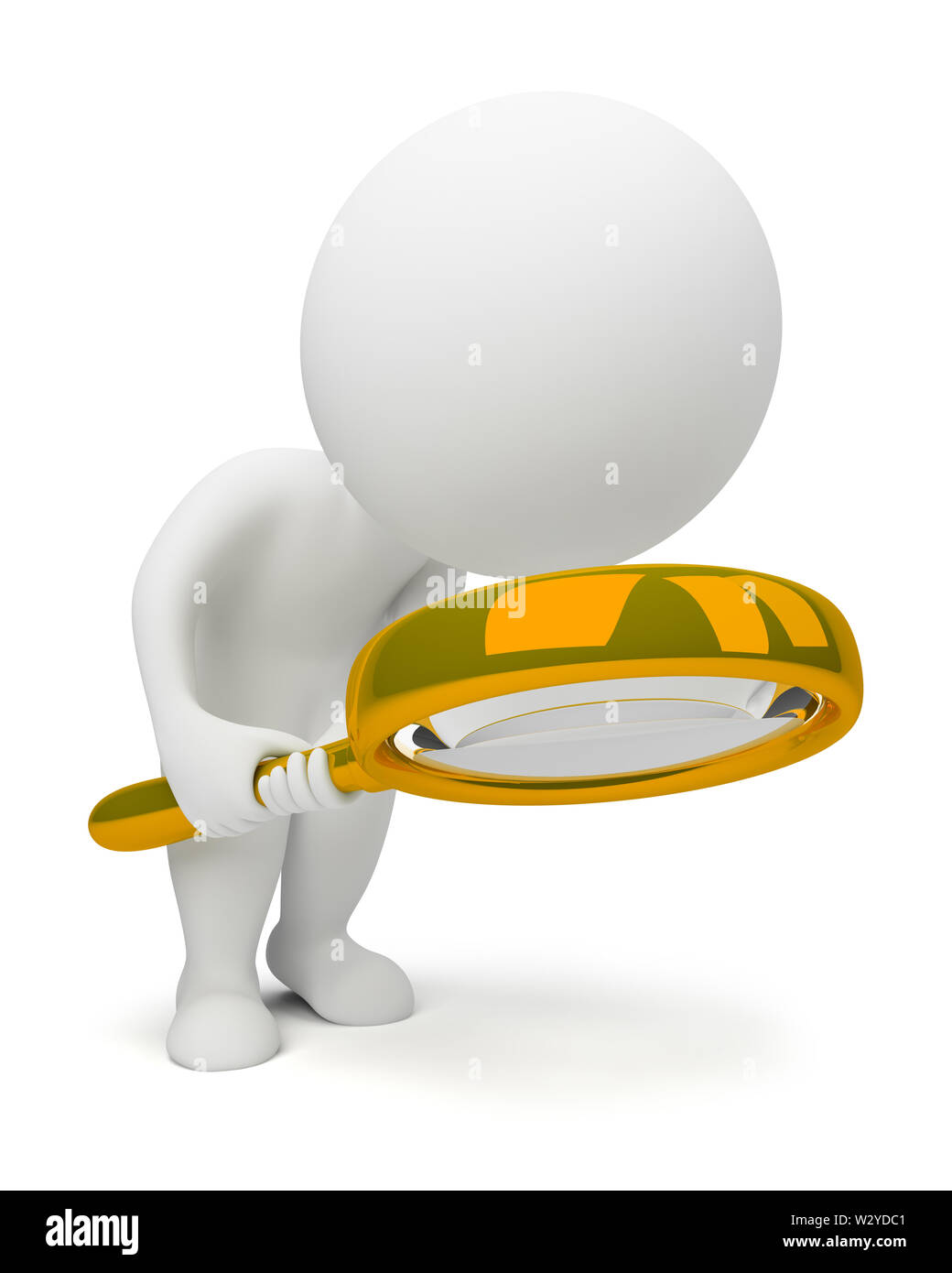 3d piccolo popolo con una lente di ingrandimento. Immagine 3d. Isolato sullo sfondo bianco. Foto Stock