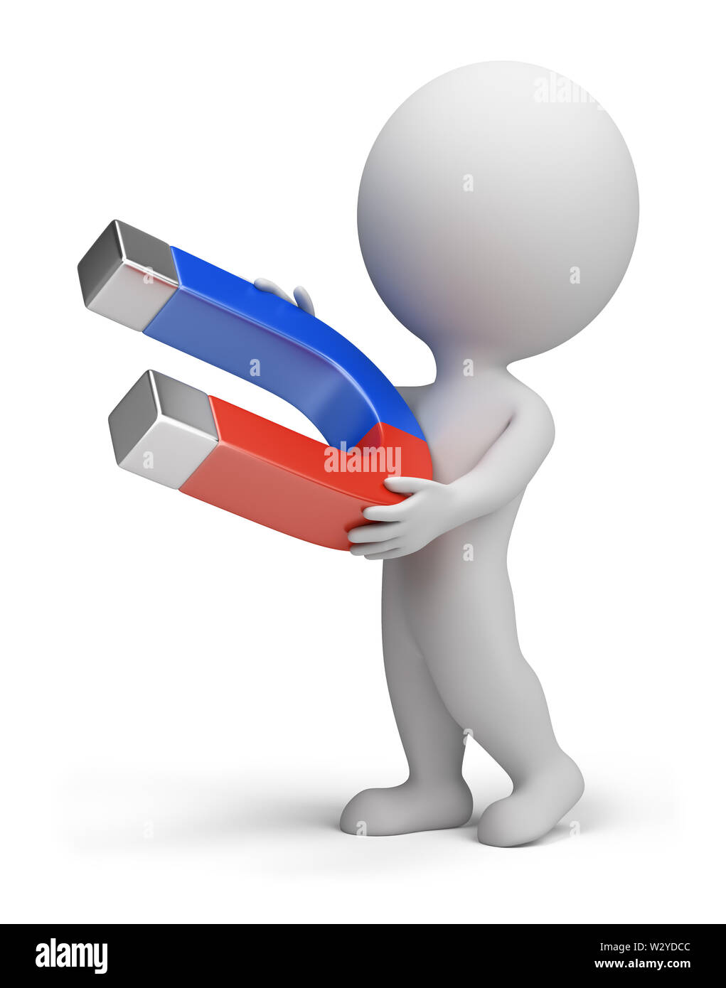3d piccola persona in piedi con un magnete in mano. Immagine 3d. Isolato sullo sfondo bianco. Foto Stock