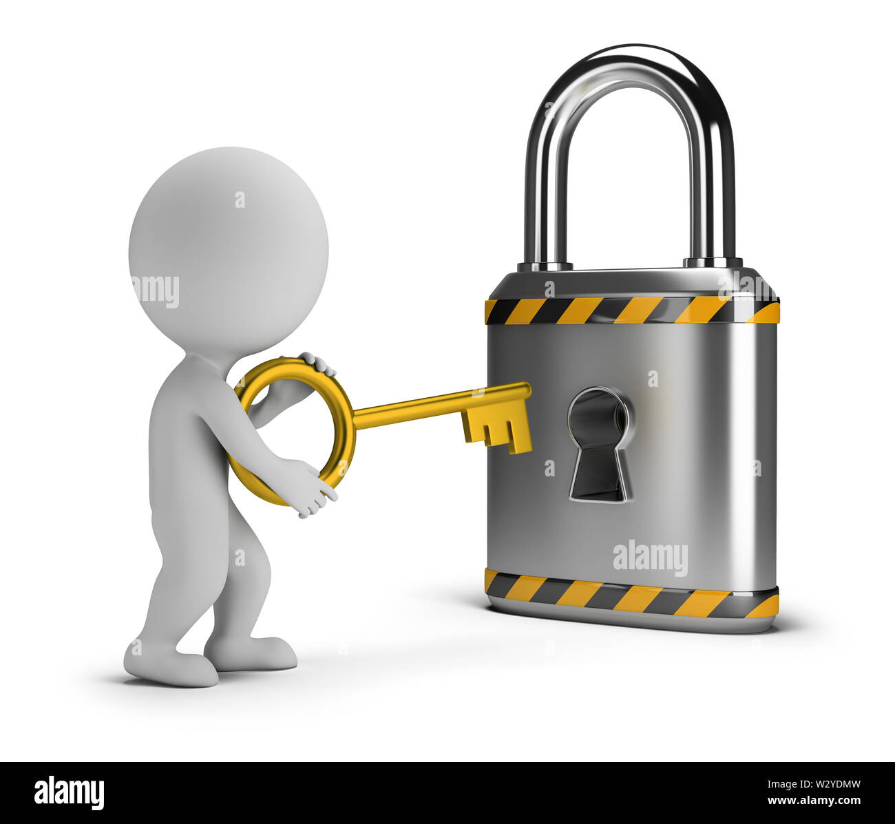 3d piccola persona con una serratura a chiave. Immagine 3d. Sfondo bianco. Foto Stock