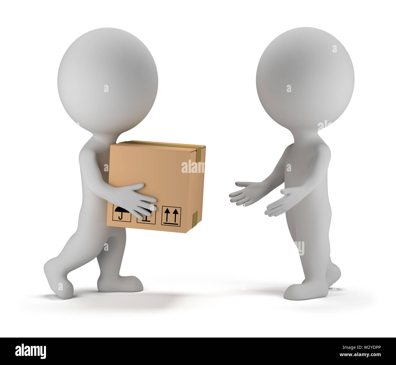 3d piccolo popolo consegnare un pacco ad un altra persona. Immagine 3d. Isolato sullo sfondo bianco. Foto Stock