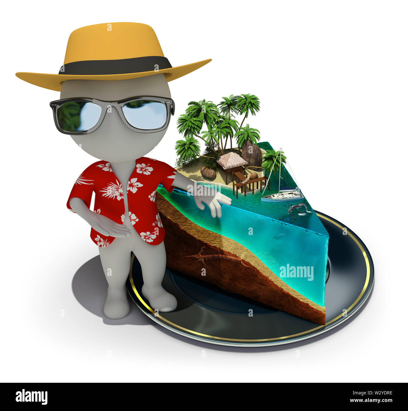 3d piccola persona - turistico vicino a una fetta di torta a forma di paradiso. Immagine 3d. Sfondo bianco. Foto Stock