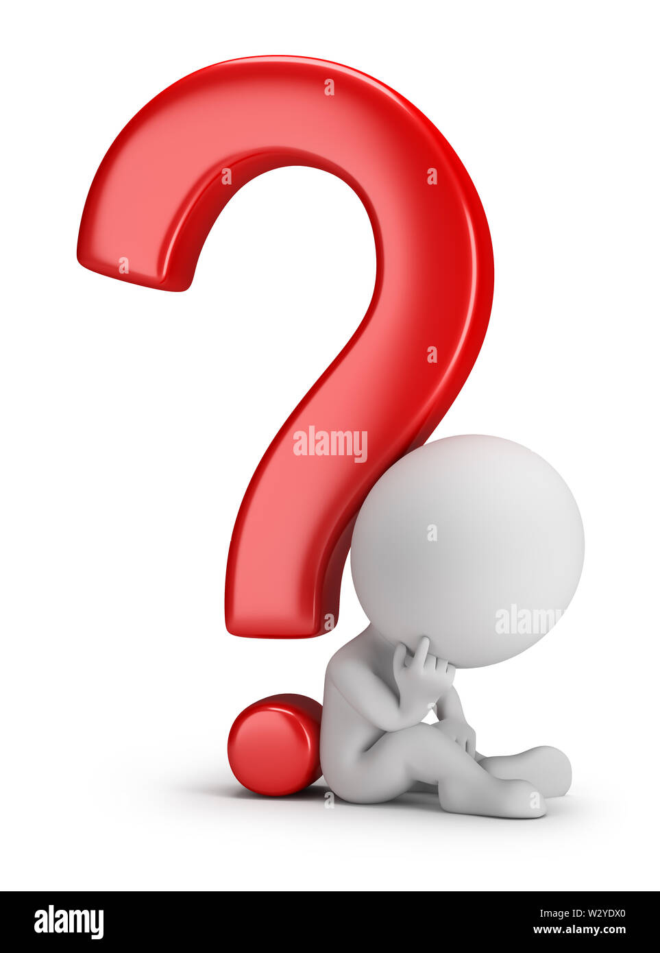 3d piccola persona seduta accanto a un punto interrogativo. Immagine 3d. Sfondo bianco. Foto Stock