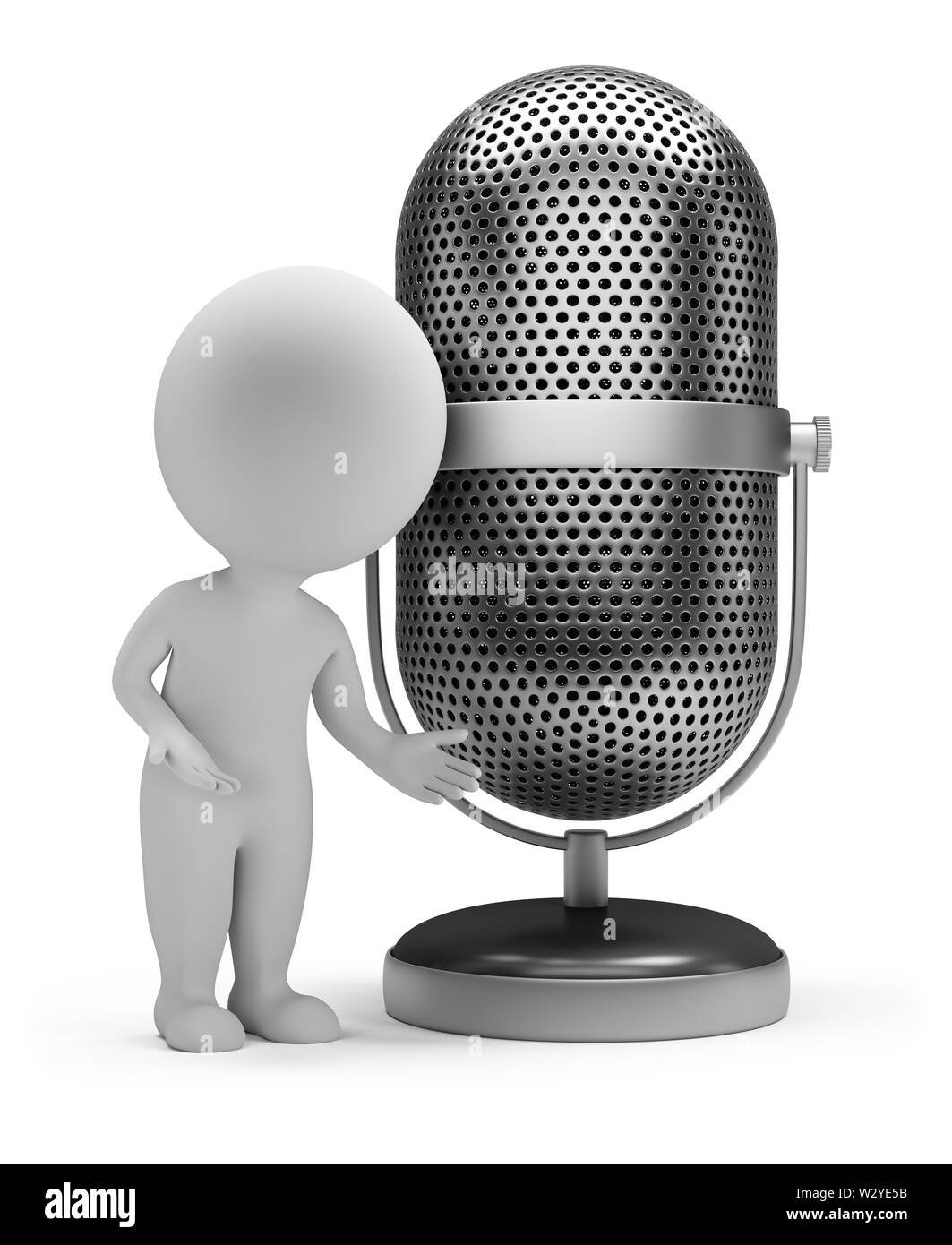 3d piccola persona in piedi accanto a un microfono vintage. Immagine 3d. Isolato sullo sfondo bianco. Foto Stock