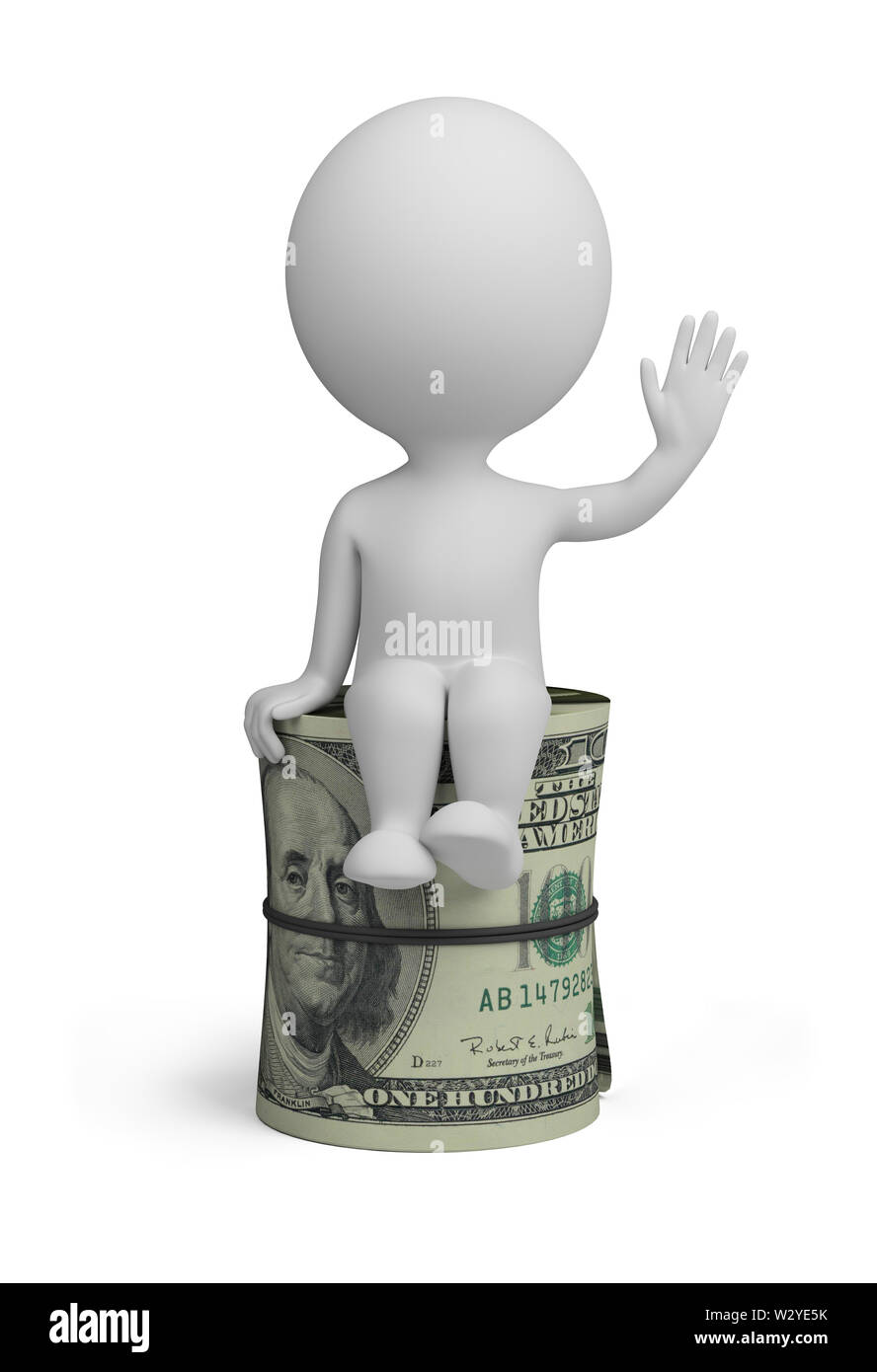 3d piccola persona seduta su un rotolo di dollari. Immagine 3d. Isolato sullo sfondo bianco. Foto Stock