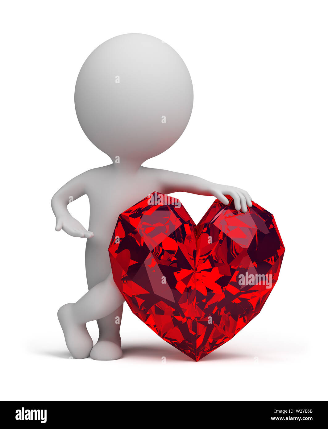 3d piccola persona accanto al cuore di rubino. Immagine 3d. Isolato sullo sfondo bianco. Foto Stock