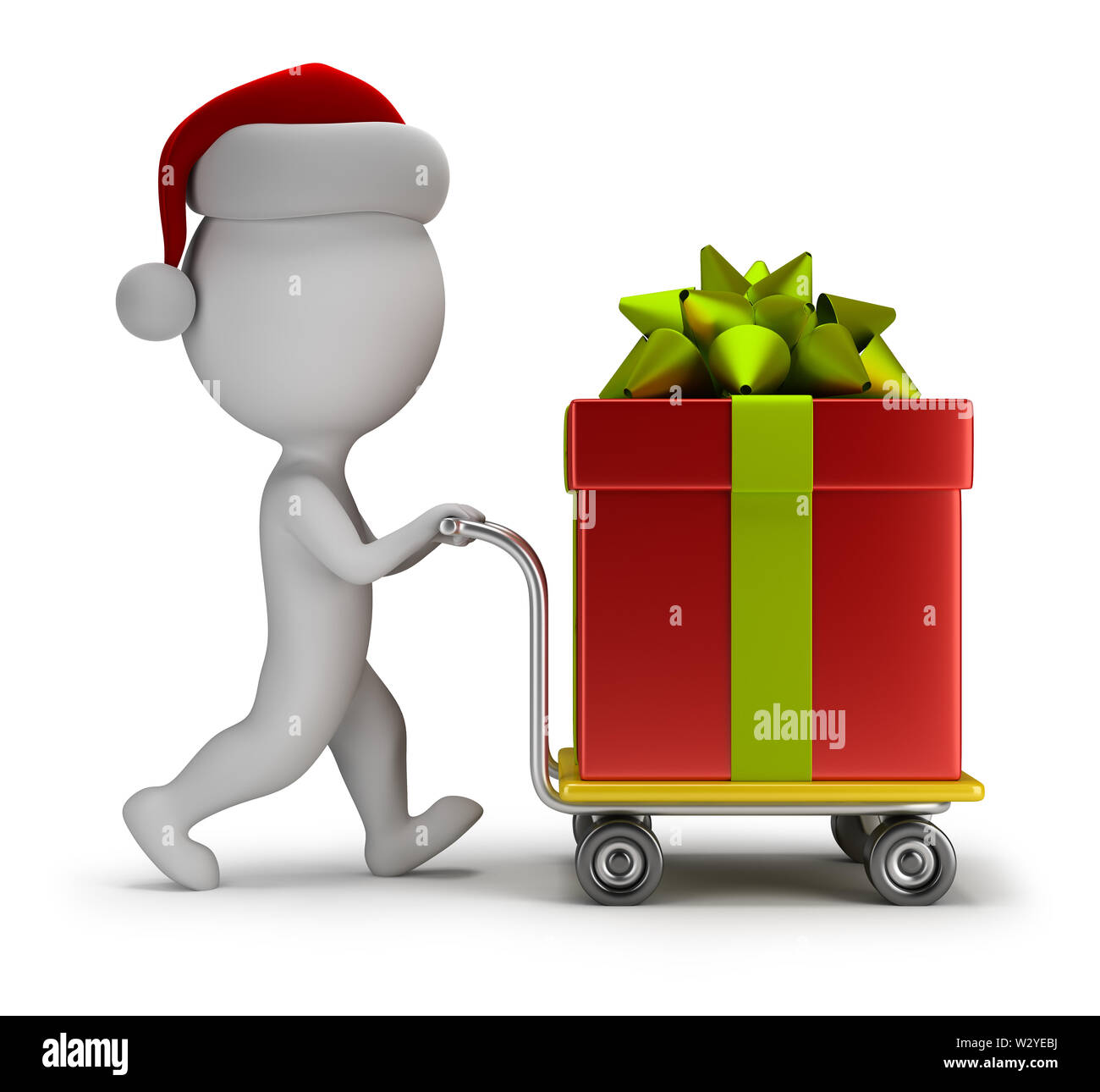 3d piccola persona - Santa porta un grande dono sul carrello. Immagine 3d. Sfondo bianco. Foto Stock