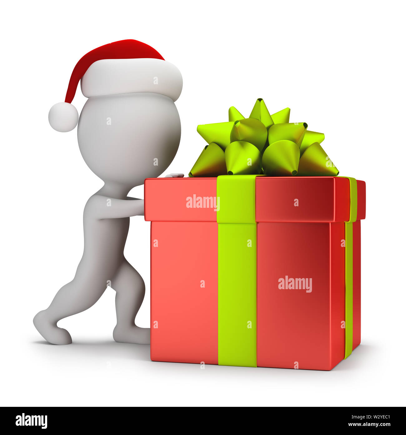 3d piccolo popolo - Santa spingendo un dono. Immagine 3d. Sfondo bianco. Foto Stock