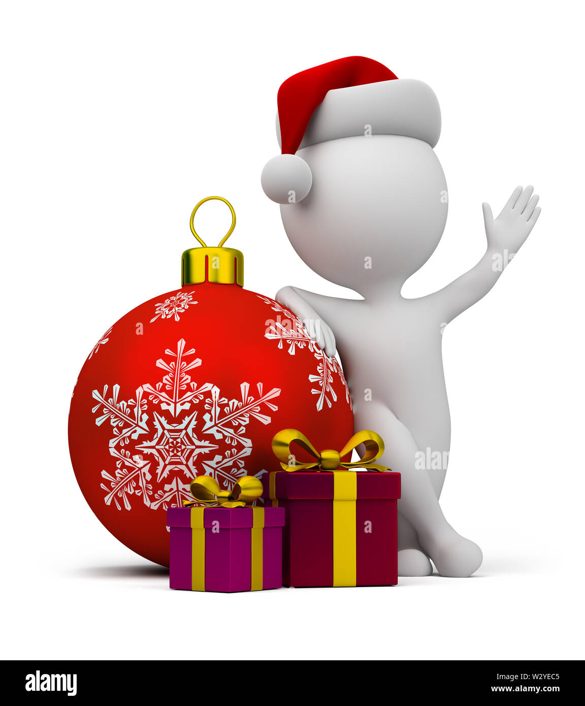 3d piccola persona - Santa con doni e una palla di Natale. Immagine 3d. Isolato sullo sfondo bianco. Foto Stock