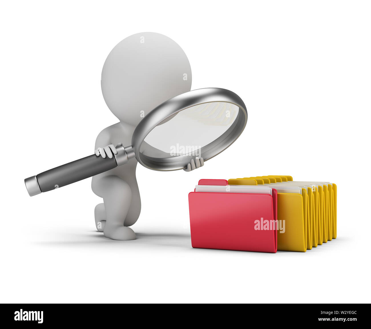 3d persona di piccole dimensioni con una grande lente di ingrandimento cerca i documenti in cartelle. Immagine 3d. Sfondo bianco. Foto Stock