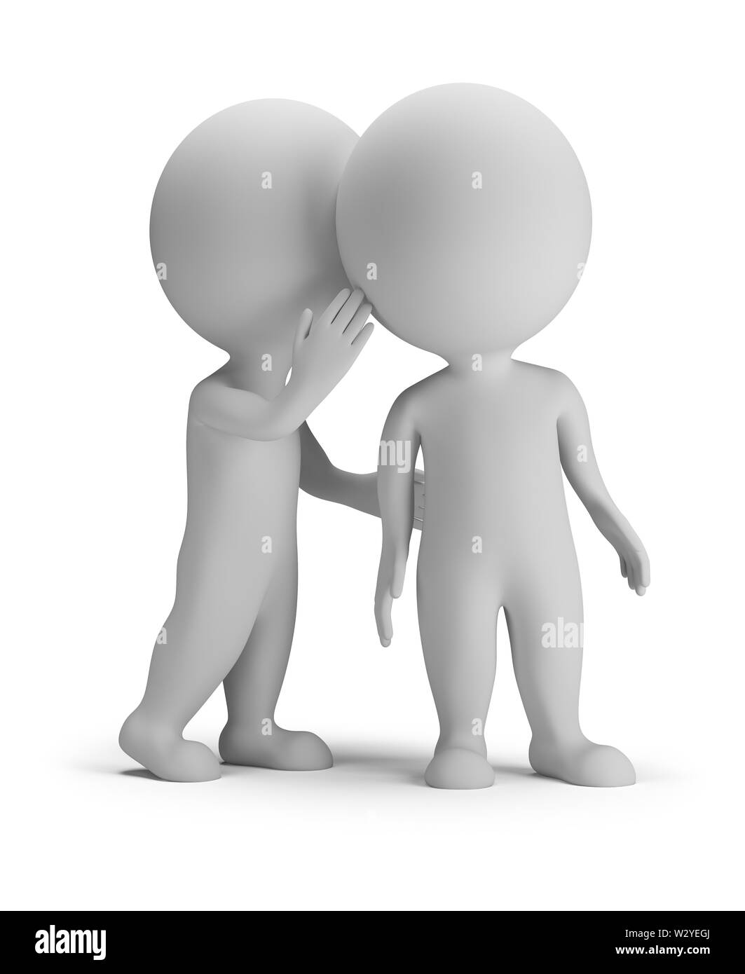 3d piccola persona sussurra nel suo orecchio a un'altra persona. Immagine 3d. Sfondo bianco. Foto Stock