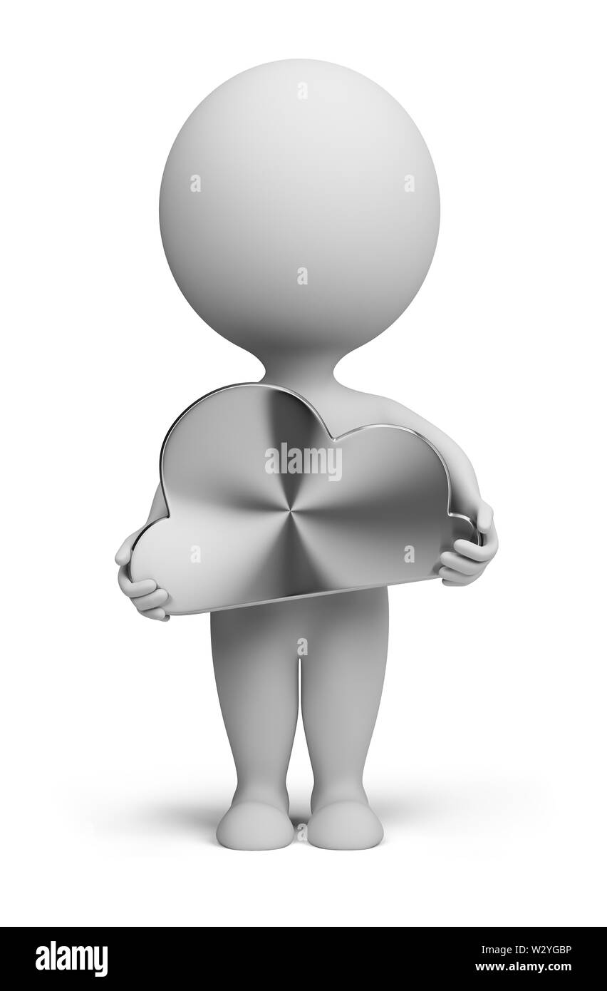 3d piccola persona dietro l'acciaio nelle mani di una nuvola. Immagine 3d. Isolato sullo sfondo bianco. Foto Stock
