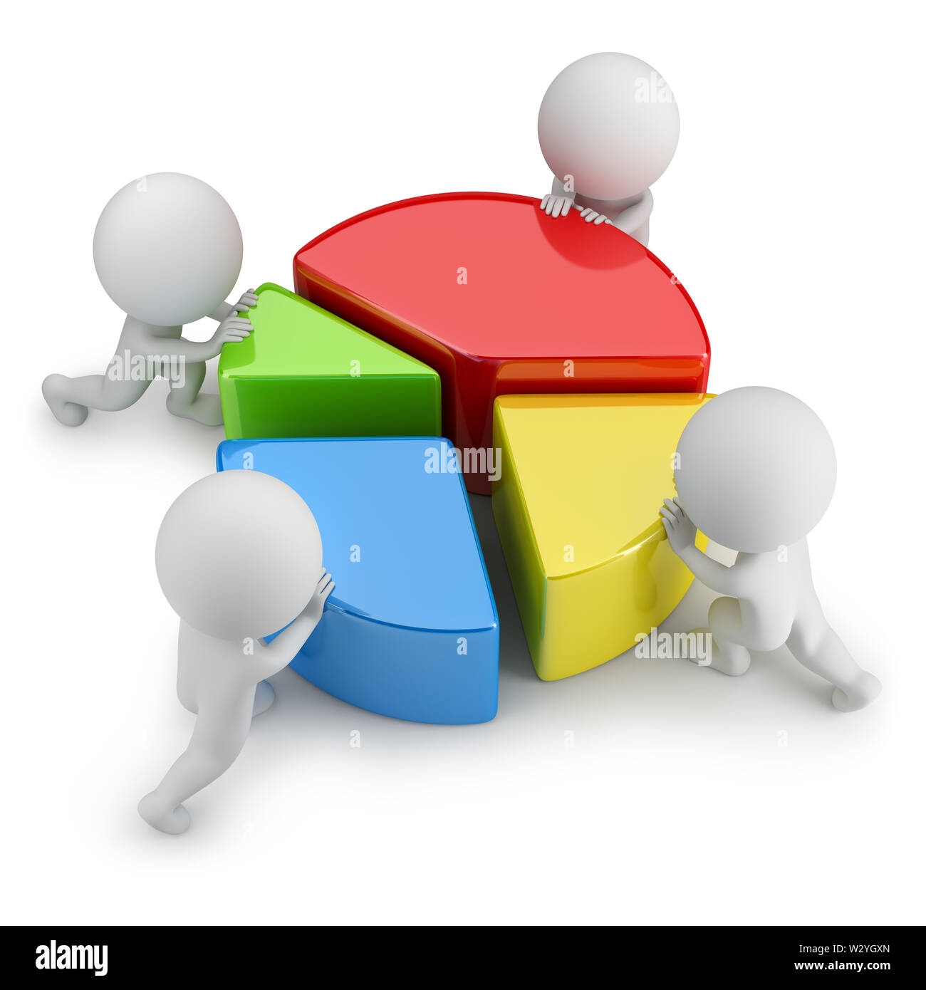 3d piccolo popolo spingendo le statistiche di divisione. Immagine 3d. Sfondo bianco. Foto Stock