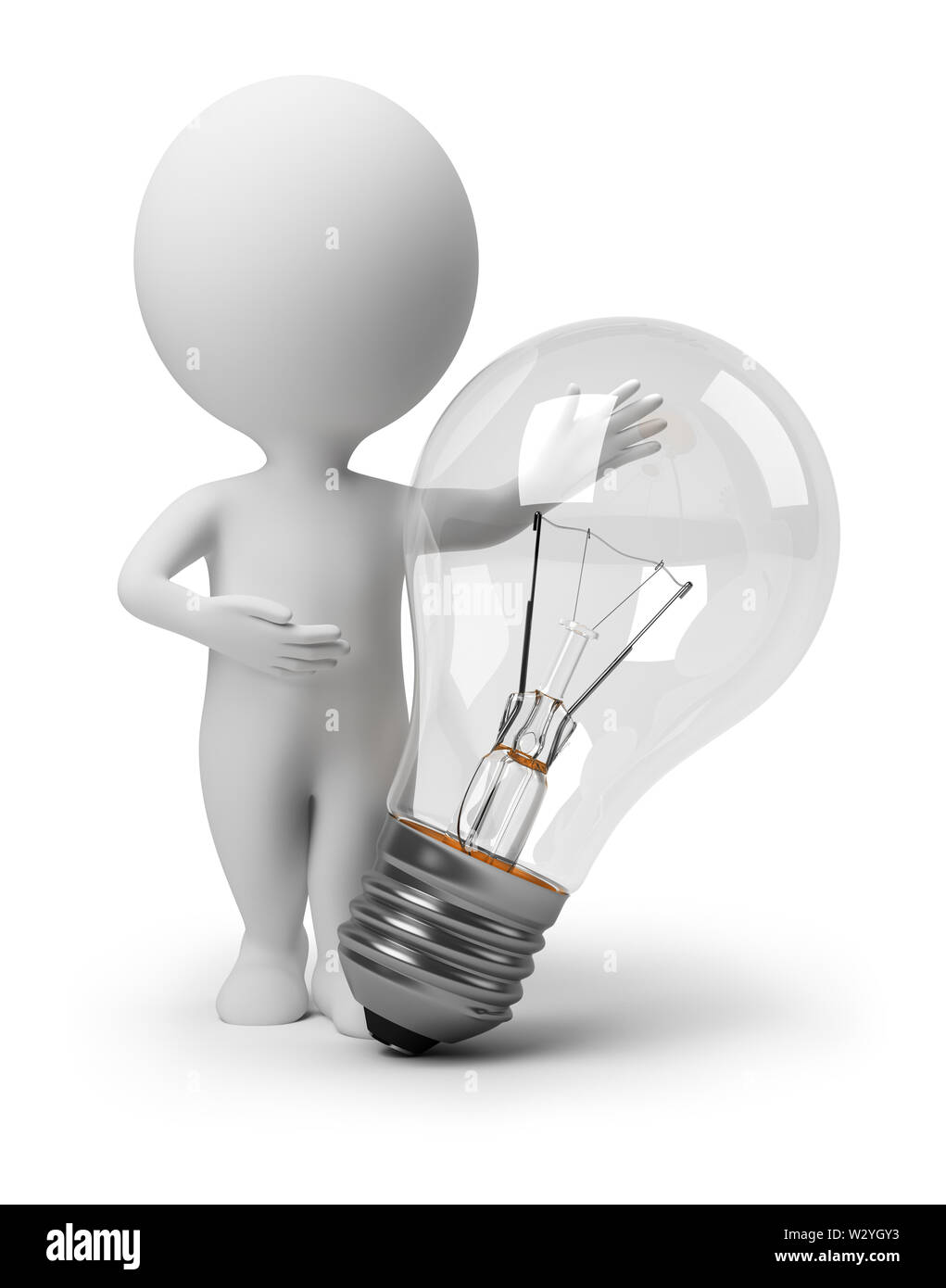 3d piccolo popolo specificando nella grande lampadina. Immagine 3d. Isolato sullo sfondo bianco. Foto Stock