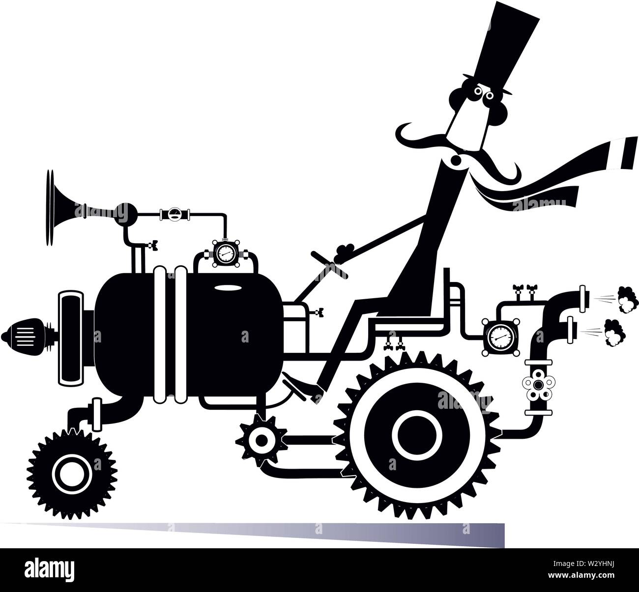 Baffi divertenti uomo corse in auto fantastiche illustrazione. Baffi divertenti uomo nella top hat corse auto insolito nero su bianco Illustrazione Vettoriale
