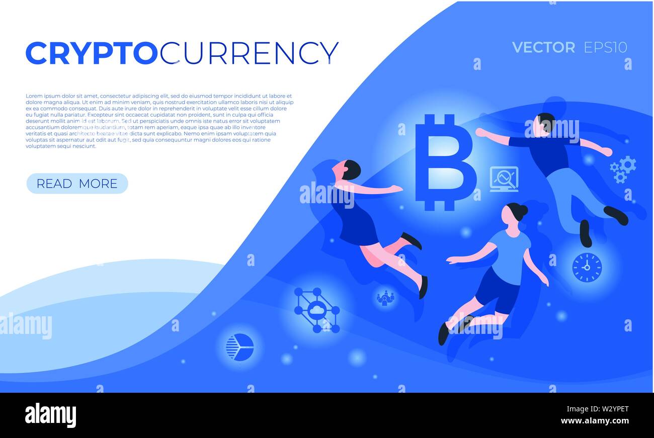 Cryptocurrency blockchain bitcoin icone della tecnologia infographics con battenti persone, vettore digitale annuncio Illustrazione Vettoriale