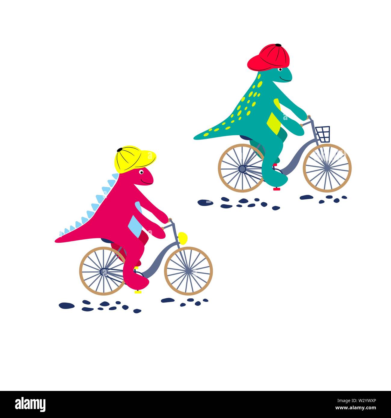 Cartoon dinosaur in bici. Dino bambino caratteri equitazione biciclette vettore su sfondo bianco. Illustrazione Vettoriale